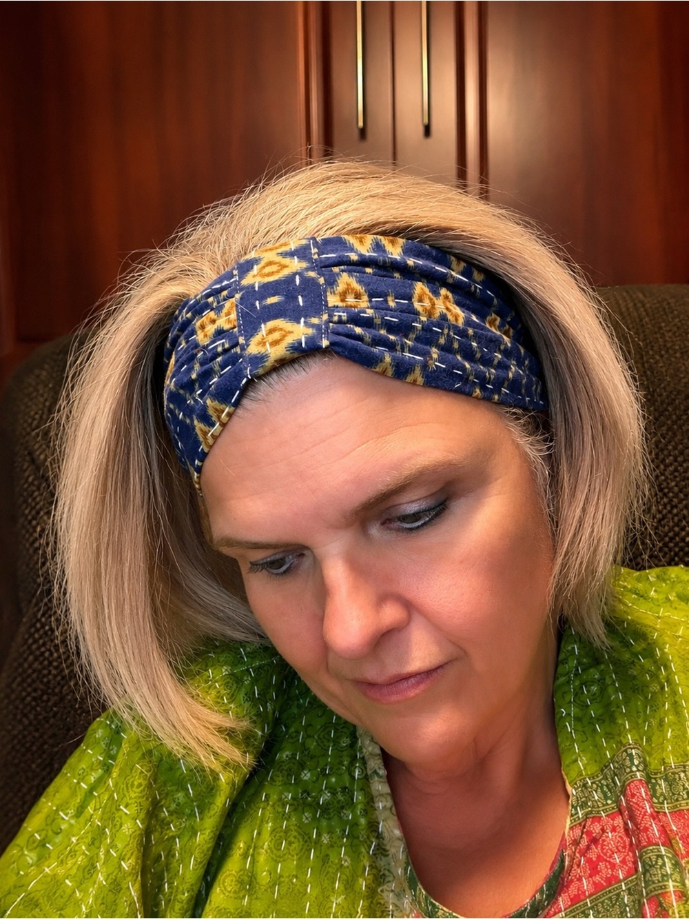 Kantha Navy Printed Twist Headband with Yellow Accents-Made in India